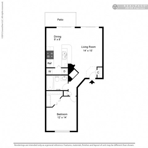 Floor plan for 1 bed, 1 bath, 783 sqft